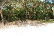 Campsite 41 is a partial sunny site with a gravel foundation located on the right hand side of the road.  Looking into the site on the right is the water and 50amp electrical service. There is a picnic table and ground campfire ring.  At the front left side of the site is the brown site marker.