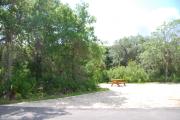 This picture of campsite #51 is looking from the road into the sunny site.  This site has 50 amp electric, water and sewer hook-ups. There is a stone foundation with vegetation on the sides.  There is also a separate area to the side with a picnic table, cooking grill and ground campfire ring.