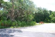 This picture of campsite #57 is looking from the road into the sunny site.  This site has 50 amp electric, water and sewer hook-ups. There is a stone foundation with vegetation on the sides.  There is also a separate area to the side with a picnic table, cooking grill and ground campfire ring.