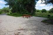 This is picture of campsite #59 from the back of the site looking toward the road.  Site has 50amp electric, water and sewage hook-ups.  This is a sunny site with stone foundation and vegetation on sides.  There is a separate section to the side with the picnic table, cooking grill and ground campfire ring.