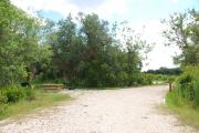 This is picture of campsite #70 from the back of the site looking toward the road.  Site has 50amp electric, water and sewage hook-ups.  This is a partial shady pull-through site with stone foundation and vegetation on sides.  There is a separate section to the side with the picnic table, cooking grill and ground campfire ring.