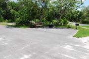 This is picture of campsite #76 from the back of the site looking toward the road.  This is an ADA accessible site that has 50amp electric, water and sewage hook-ups.  This is a partial shady site with asphalt foundation and vegetation on sides.  There is a separate section to the side with the picnic table, cooking grill and ground campfire ring.  There is a sidewalk next to the lot for easy access to the restroom.