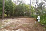 A picnic table sits under a tall long-leaf pine tree at Site 21. Campground facilities are conveniently located a short distance from this location.