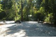 This view is from the entrance of the site looking straight in.  The water and electric hookups are on the right, the picnic table is in the center back of the site and a ground grill is on the left.  This site is surrounded on the right and back side with mixed hardwood trees and shrubs and is open to #34. A trail leads out of the back of the site to the restrooms.
