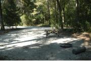 This view is from the back of the site looking toward the campground road.  A picnic table is located on the center right of the site with a ground grill on the back right side.  The view across the road is of heavily wooded mixed hardwood forest.