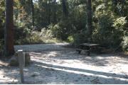 This view is from the back of the site looking toward the campground road.  The water and electric hookups are on the left, a picnic table is on right.  The view across the road is of heavily wooded mixed hardwood forest.
