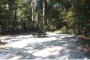 This view is from the right side of the entrance looking in.  The water and electric hookups are on the right, and a picnic table is located in the center of the site.  The back and left side of the site is surrounded by mixed hardwood trees and shrubs.  There is a trail leading out the back of the site to the restrooms.