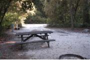 This view is from the back of the site looking toward the campground road.  The water and electric hookups are on the left, a picnic table is in the back left and a ground grill is in the back center.  The view across the road is of heavily wooded mixed hardwood forest.