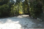 This view is from the entrance to the site.  There is a picnic table and ground grill on the left.  This site is surrounded on three sides with small hardwood trees and shrubs. The site boundaries are defined with logs on the left side and lime stone rocks on the right.