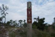 Sign post seven is located to the right. Sign post connect to another post with a clothes line tied between them. Electrical post and water spigot are located to the right of the post.