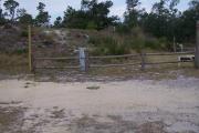 A depth view of site seven shows the ground being level with mulch and sand as the base. A fire ring sits to the back of the site near the picnic table. To the right the site is bordered with shrubbery.