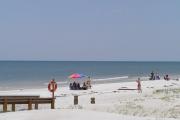 Photo shows a family relaxing on the beach under an umbrella, another family fishing from the beach and a lady looking at a sea shell collected from the beach.