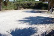 View from the front showing the electrical box and water hookup on the right and fire ring, picnic table, and clothes posts in the back of the site.