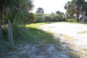 View from the front showing the electrical box under a palm tree on the right and the picnic table in the back.