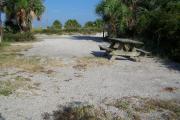 View from the back of the site showing the picnic table in the foreground and dunes and palm trees across the street.