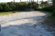 View from the front showing the fire ring on the left and the picnic table and clothes posts in the back of the site.