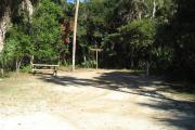 This campsite is tucked back in the shady hammock which provides cover most of the day. There is vegetation providing a boundary from neighboring sites. The ground cover is crushed shell, making a hard packed white surface.
