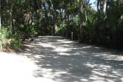 This campsite is tucked back in the shady hammock which provides cover most of the day. There is vegetation providing a boundary from neighboring sites. The ground cover is crushed shell, making a hard packed white surface.