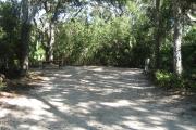 This campsite is tucked back in the shady hammock which provides cover most of the day. There is vegetation providing a boundary from neighboring sites. The ground cover is crushed shell, making a hard packed white surface.