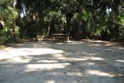 This campsite is tucked back in the shady hammock which provides cover most of the day. There is vegetation providing a boundary from neighboring sites. The ground cover is crushed shell, making a hard packed white surface.