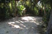 This campsite is tucked back in the shady hammock which provides cover most of the day. There is vegetation providing a boundary from neighboring sites. The ground cover is crushed shell, making a hard packed white surface.