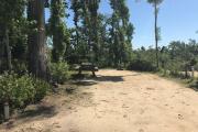 Full view of Campsite 3 from road. Electrical hookup is located on the right side and water hookup is located on left side of site. Picnic table and fire ring are located near the back of site.