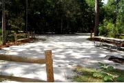 This photo is from the back of the site and shows the campground road.  The fire ring/grill is located in the back corner of the site and the site is surrounded by sections of split rail fence.