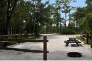This photo is from the back of the site and shows the campground road.  The fire ring/grill is located in the back corner of the site and the site is surrounded by sections of split rail fence.