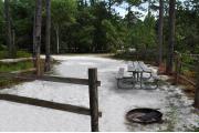 This photo is from the back of the site and shows the campground road.  The fire ring/grill is located in the back corner of the site and the site is surrounded by sections of split rail fence.