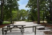This photo is from the back of the site and shows the campground road and the campsite across the way.  The fire ring/grill is located in the back corner of the site and the site is surrounded by sections of low, split rail fence.