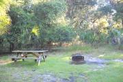 Picnic table and fire pit /grill at rear of site in grass facing the woods.
