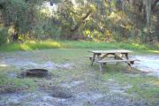 Picnic table and fire pit/grill in grass on side of shell rock pad shaded under an oak tree.