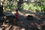 Fire pit/grill with a small fire burning, a woman in a pink sweater sits at a picnic table with a drink shuffling cards. The picnic table is atop oak leaves, and shaded by a large oak tree.