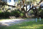 25x32 foot shell rock site with water and electric hook ups on right side. Picnic table under large sprawling oak with hanging moss on left side.
