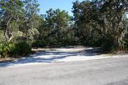 Photo is at the front of LOOP 1 #5 looking out towards back of site; gray campground road with green trees surrounding the site, also on the back of the site is 2 clothes line poles,  to the far right of site is water and electric hookups; far left of site is circular ground grill and picnic table.