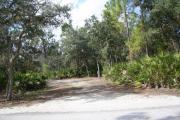 Photo is at the front of LOOP 1 #8 looking out towards back of site; gray campground road with green trees surrounding the site, also on the back of the site is 2 clothes line poles,  to the far right of site is water and electric hookups; far left of site is circular ground grill and picnic table.