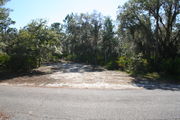 Photo is at the front of LOOP 1 #11 looking out towards back of site; gray campground road with green trees surrounding the site, also on the back of the site is 2 clothes line poles,  to the far right of site is water and electric hookups; far left of site is circular ground grill and picnic table.