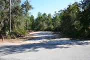 Photo is at the front of LOOP 1 #17 looking out towards back of site; gray campground road with green trees surrounding the site, also on the back of the site is 2 clothes line poles,  to the far right of site is water and electric hookups; far left of site is circular ground grill and picnic table.