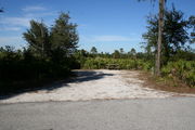 Photo is at the front of LOOP 1 #18 looking out towards back of site; gray campground road with green trees surrounding the site, also on the back of the site is 2 clothes line poles,  to the far right of site is water and electric hookups; far left of site is circular ground grill and picnic table.
