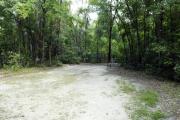 A September view of campsite #3 taken from the site entrance, with tent/RV space in center of image, picnic table and fire ring on left hand side, and water and electrical hookups on right hand side.  Site is surrounded on three sides by a mixed oak, pine, and cabbage palm forest.