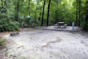 A September view of the picnic table, and fire ring area, and post for hanging your lantern from within campsite #3.  Site is surrounded on three sides by a mixed oak, pine, and cabbage palm forest.