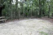 A September view of the fire ring and lantern post for hanging your lantern, from within campsite #6.  Site is surrounded on three sides by a mixed oak, pine, and cabbage palm forest.