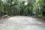 A September view of campsite #7 taken from the site entrance, with tent/RV space and fire ring in center of image, picnic table on left hand side, and water and electrical hookups on right hand side.  Site is surrounded on three sides by a mixed oak, pine, and cabbage palm forest.  An RV on an adjacent site is visible in the upper right hand corner.