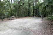 A September view of the picnic table and lantern post for hanging your lantern on left and electrical hookup on right, from within campsite #7.  Site is surrounded on three sides by a mixed oak, pine, and cabbage palm forest.  A RV on an adjacent site is visible through the woods, behind the picnic table.
