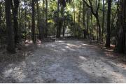 A September view of campsite #9 taken from the site entrance, with tent/RV space in center of image, picnic table and fire ring on left hand side, and water and electrical hookups on right hand side.  Site is surrounded on three sides by a mixed oak, pine, and cabbage palm forest.