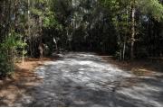 A September view of campsite #10 taken from the site entrance, with tent/RV space in center of image, picnic table and fire ring on left hand side, and water and electrical hookups on right hand side.  Site is surrounded on three sides by a mixed oak, pine, and cabbage palm forest.