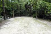A September view of campsite #11 taken from the site entrance, with tent/RV space in center of image, picnic table on left hand side, fire ring in rear center of site, and water and electrical hookups on right hand side.  Site is surrounded on three sides by a mixed oak, pine, and cabbage palm forest.