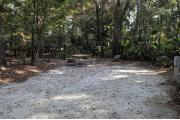 A September view of the picnic table, fire ring, and lantern post for hanging your lantern from within campsite #16.  Site is surrounded on three sides by a mixed oak, pine, and cabbage palm forest.
