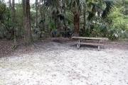 A September view of the campground drive from within campsite #17, showing the picnic table and fire ring.  Site is surrounded on three sides by a mixed oak, pine, and cabbage palm forest.