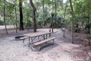 A September view of tent site #19, showing raised tent pad, fire ring, water and electrical hookups and picnic table.  Site is surrounded on three sides by a mixed oak, pine, and cabbage palm forest.